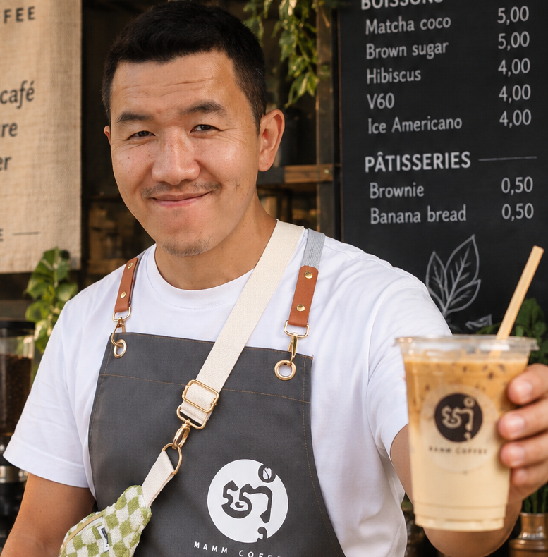 Srun Sing David, créateur de Mamm Coffee, souriant derrière son stand avec une boisson glacée en main
