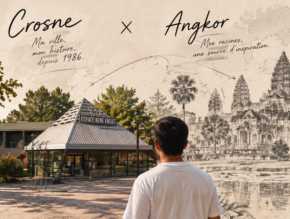 Srun face à l'Espace René Fallet à Crosne, tourné vers Angkor — ma ville, mes racines